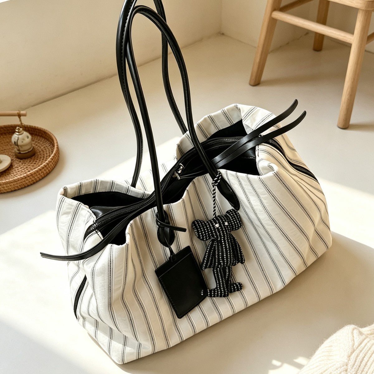 Striped Large Capacity Shoulder Tote Bag | Casual Commuter Bag（MAC484） - Mariam's Collection