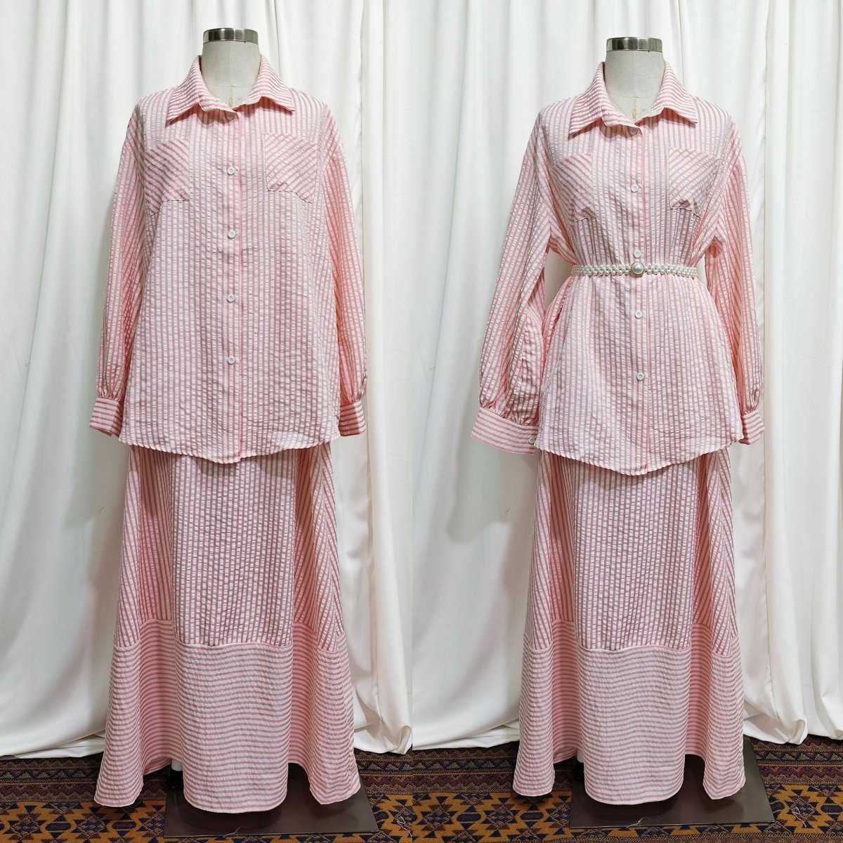 Striped Oversized Shirt & Maxi Skirt Set(MS374) - Mariam's Collection