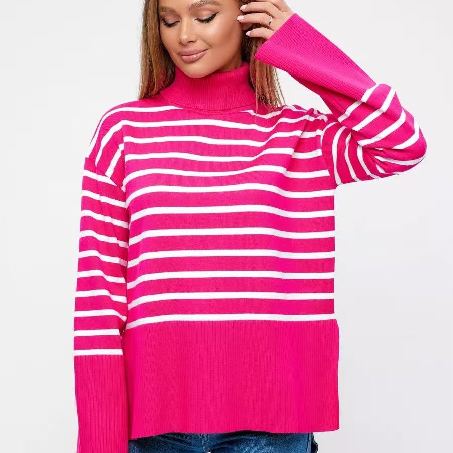 Striped Turtleneck Sweater | Oversized Colorblock Pullover(MS252) - Mariam's Collection