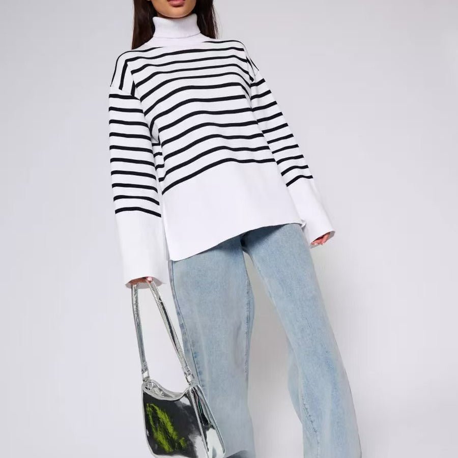 Striped Turtleneck Sweater | Oversized Colorblock Pullover(MS252) - Mariam's Collection