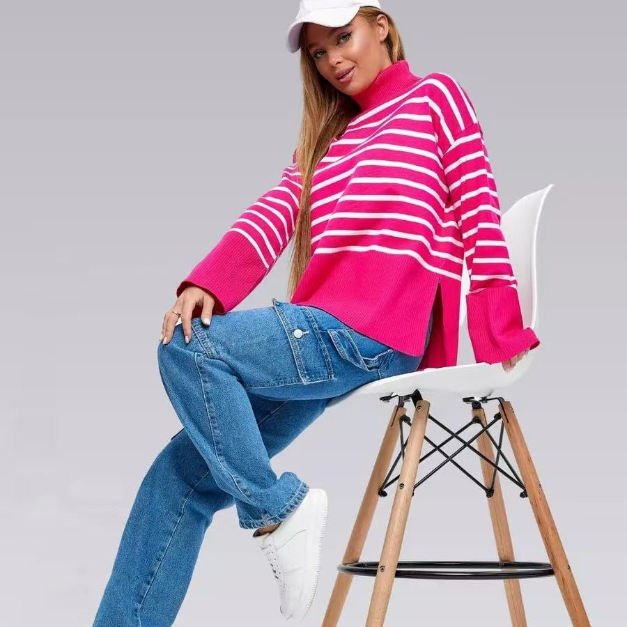 Striped Turtleneck Sweater | Oversized Colorblock Pullover(MS252) - Mariam's Collection