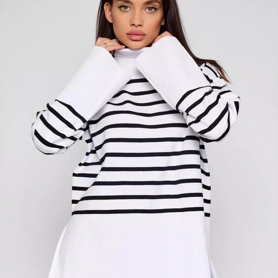 Striped Turtleneck Sweater | Oversized Colorblock Pullover(MS252) - Mariam's Collection