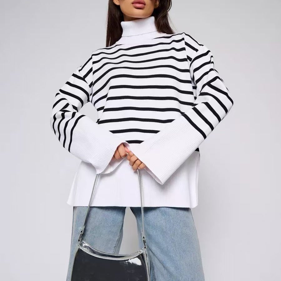 Striped Turtleneck Sweater | Oversized Colorblock Pullover(MS252) - Mariam's Collection