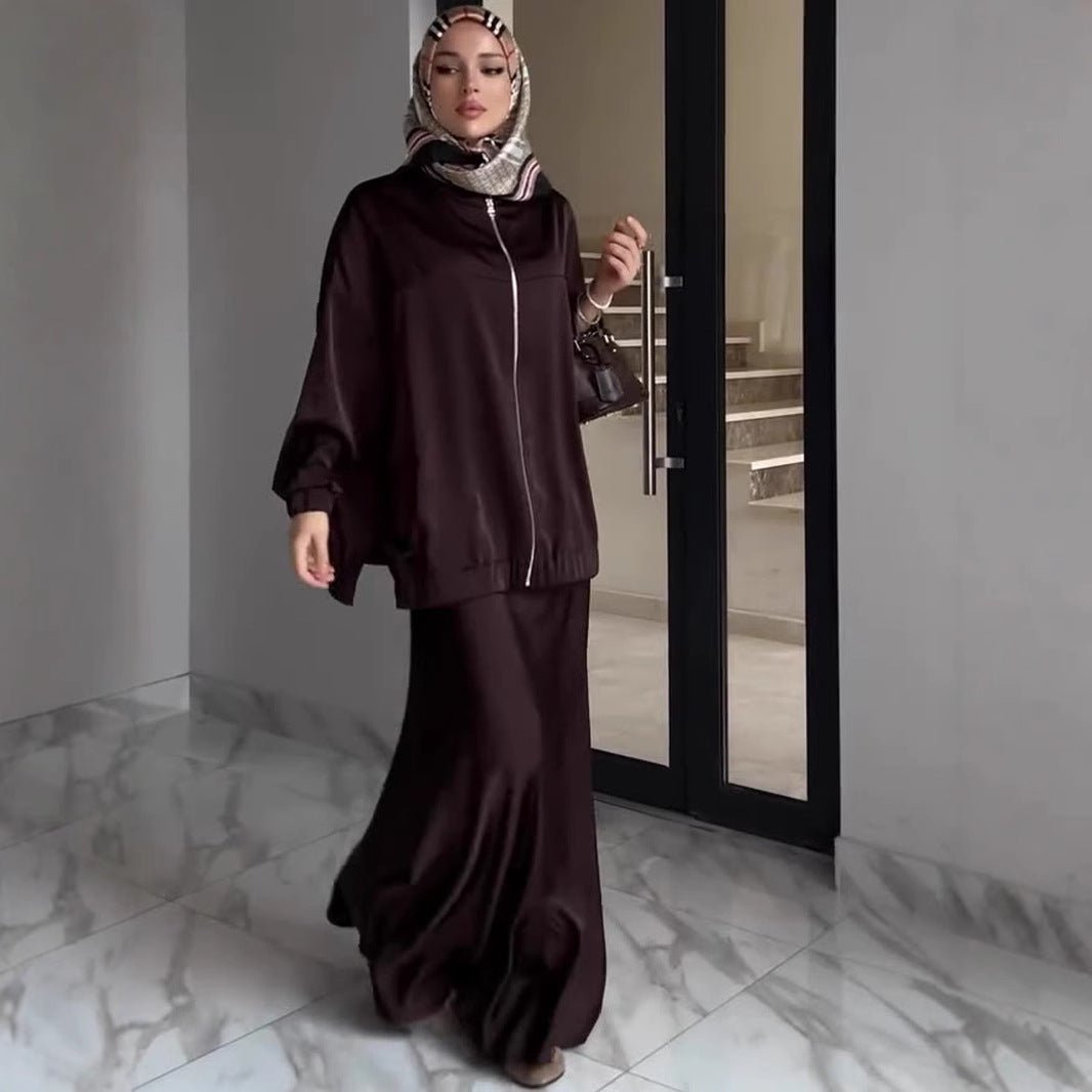 New Summer Satin Long Sleeve Dress | Modest Fashion Waist Drop Long Dress Set