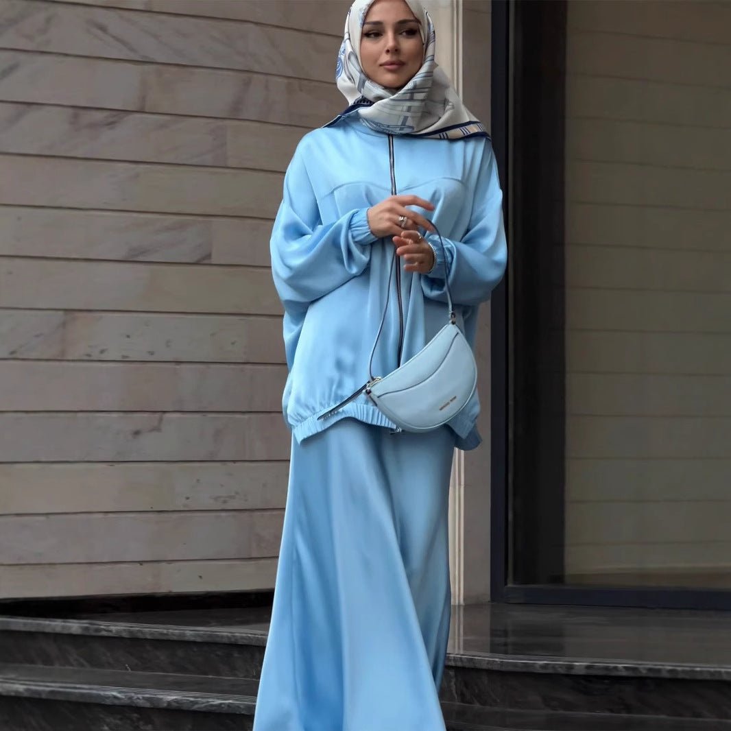 New Summer Satin Long Sleeve Dress | Modest Fashion Waist Drop Long Dress Set