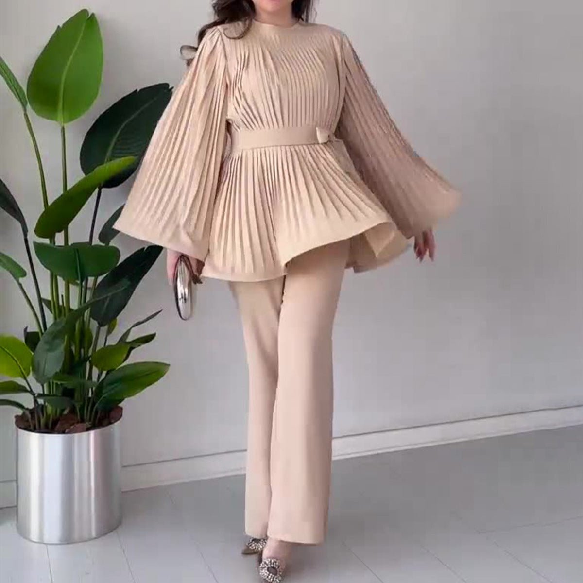 Summer Pleated Design Breathable Loose Pants Two - Piece Set .(MS083) - Mariam's Collection
