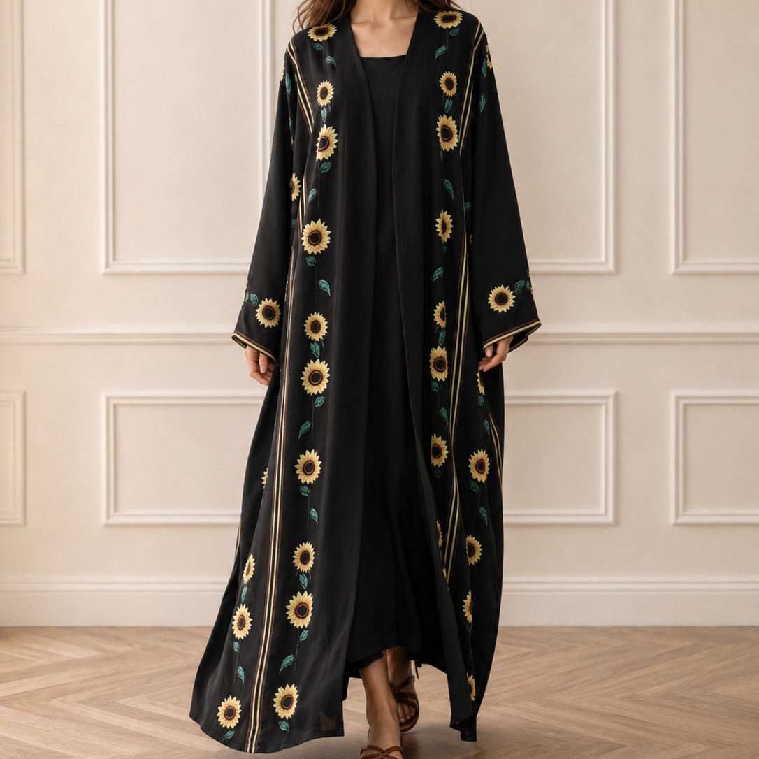 Sunflower Print Gold Trim Open Abaya(MOA338) - Mariam's Collection