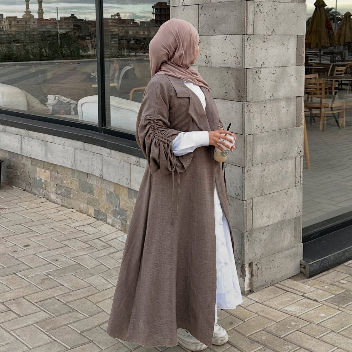 Tailored Blazer Cardigan with Ruched Sleeves | Open - Front Twill Blend Jacket(MOA246) - Mariam's Collection