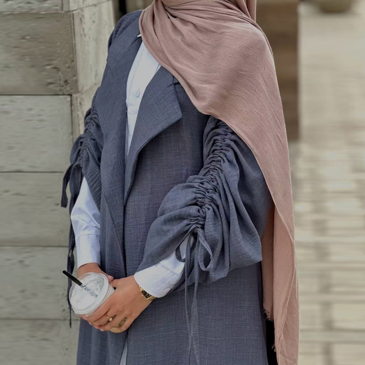 Tailored Blazer Cardigan with Ruched Sleeves | Open - Front Twill Blend Jacket(MOA246) - Mariam's Collection