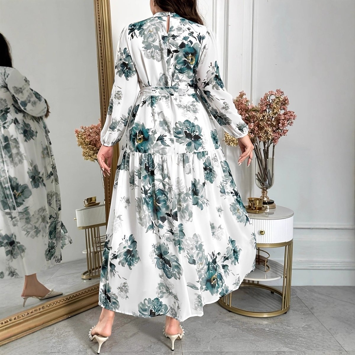 Teal Botanical Print Tiered Maxi Dress(MS399) - Mariam's Collection