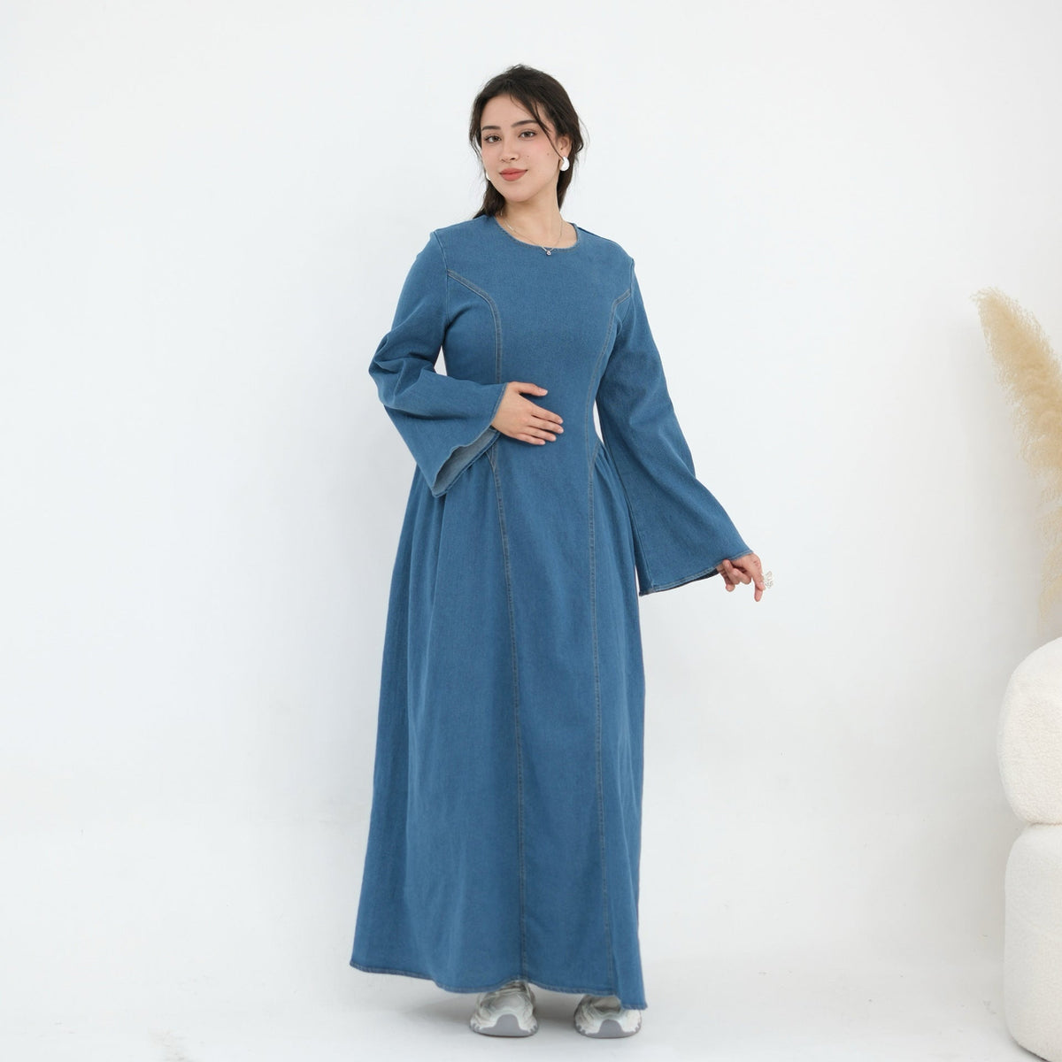 Tencel Denim Round-Neck Flared Maxi Dress(MS563) - Mariam's Collection