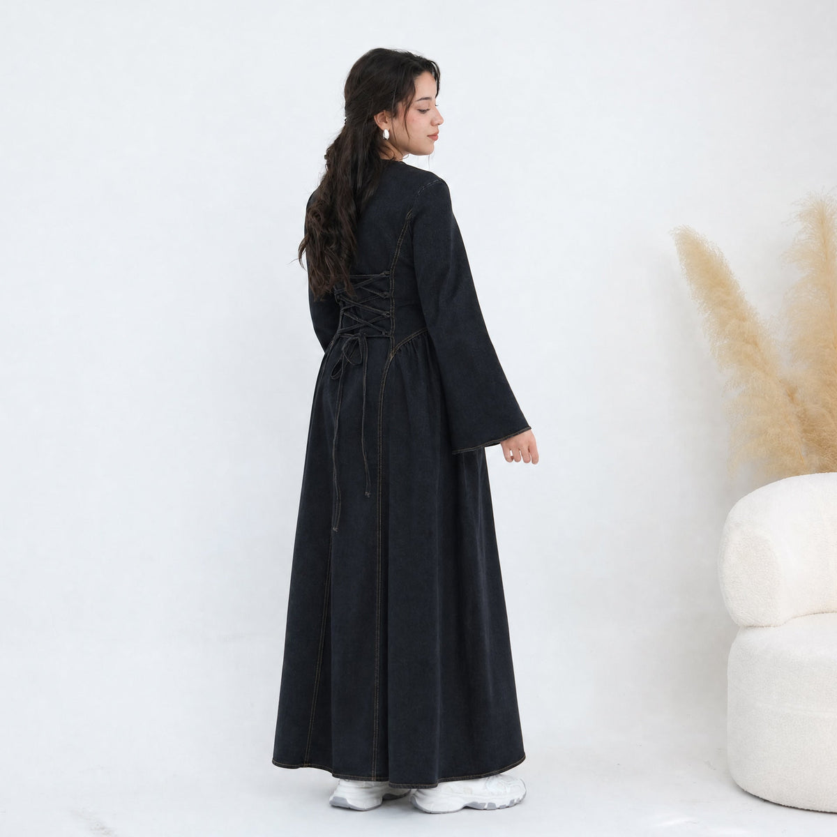 Tencel Denim Round-Neck Flared Maxi Dress(MS563) - Mariam's Collection