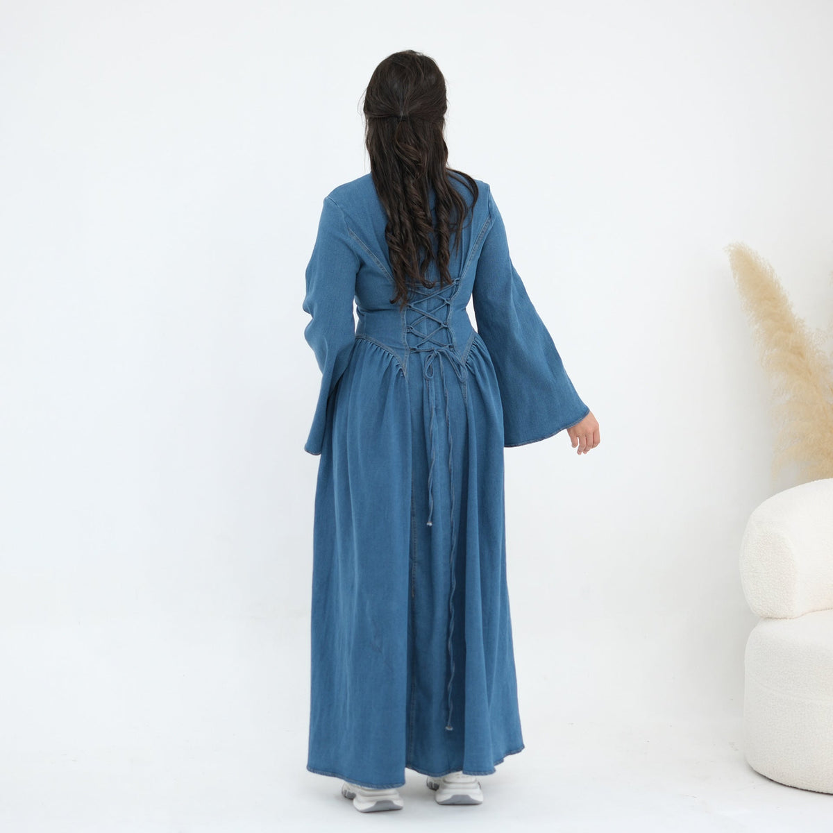 Tencel Denim Round-Neck Flared Maxi Dress(MS563) - Mariam's Collection