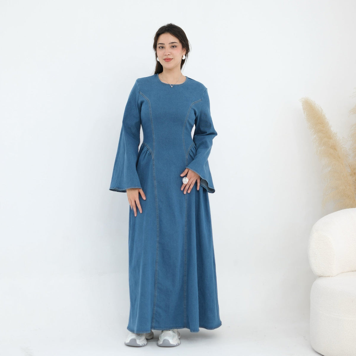 Tencel Denim Round-Neck Flared Maxi Dress(MS563) - Mariam's Collection