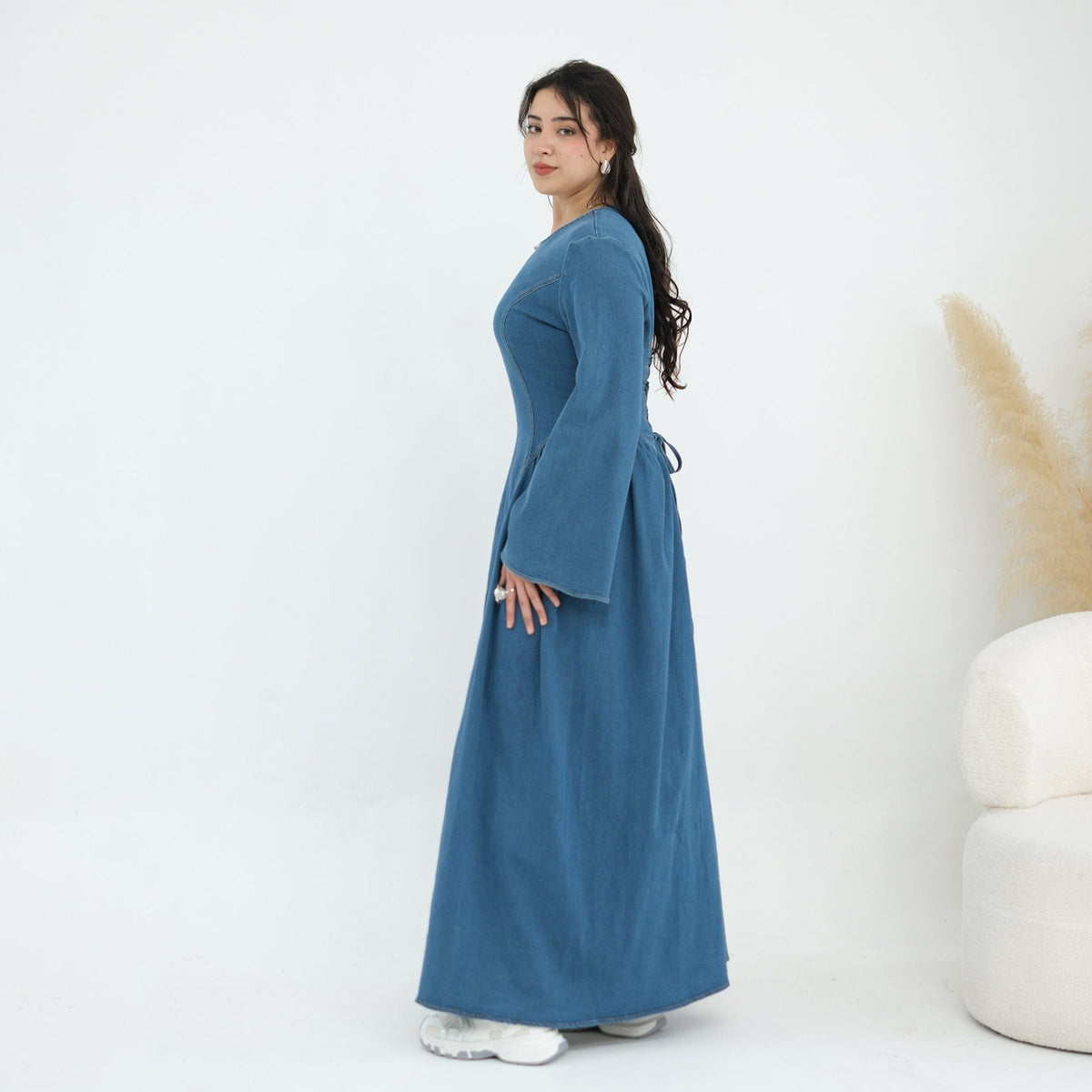 Tencel Denim Round-Neck Flared Maxi Dress(MS563) - Mariam's Collection