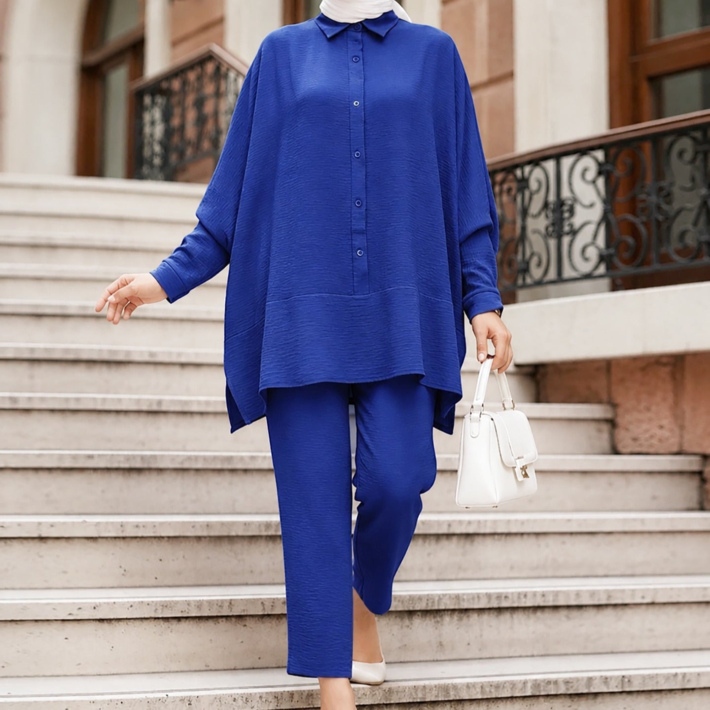 Textured Crinkle Batwing Shirt & Straight-Leg Trousers Two-Piece Co-ord Set(MS520) - Mariam's Collection