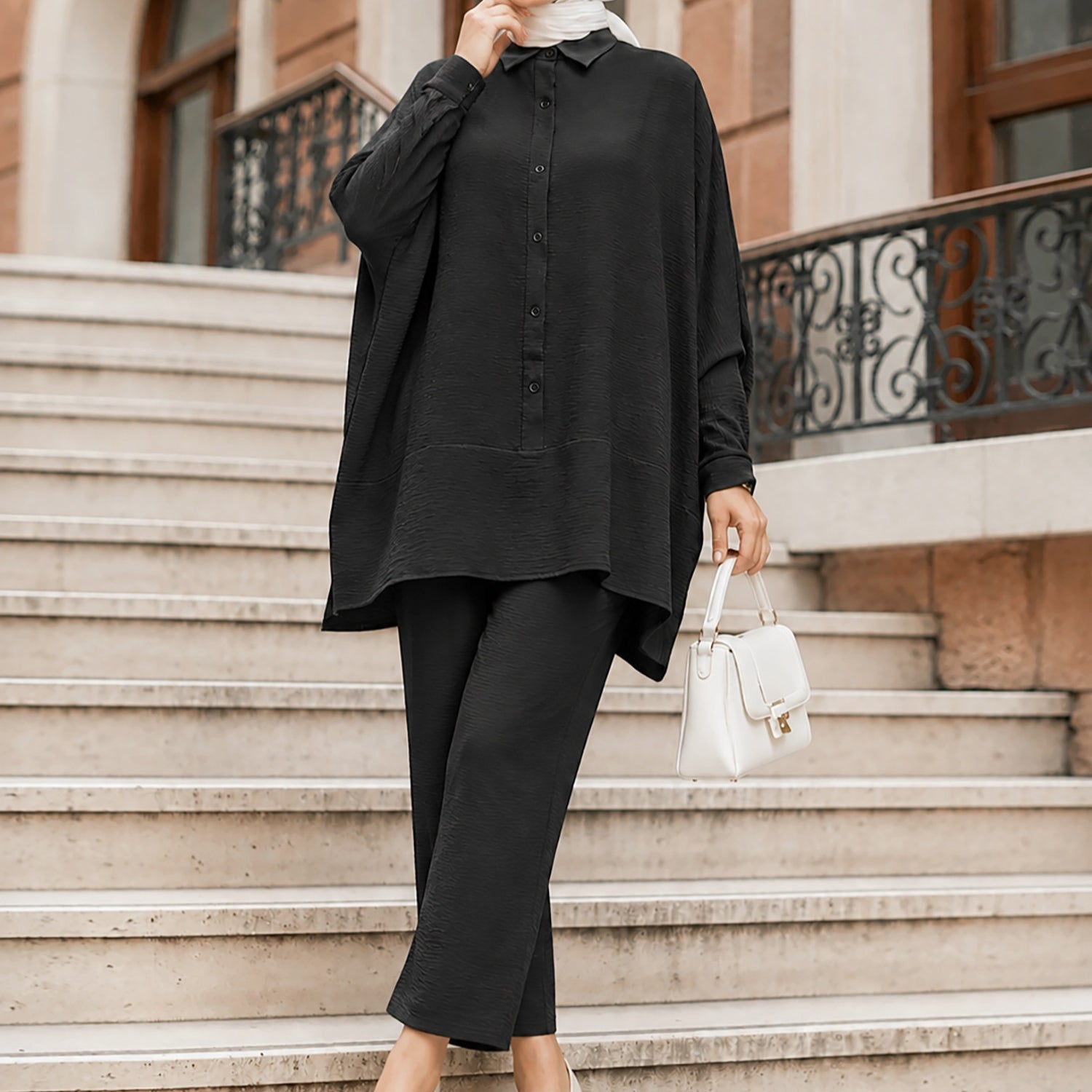 Textured Crinkle Batwing Shirt & Straight-Leg Trousers Two-Piece Co-ord Set(MS520) - Mariam's Collection