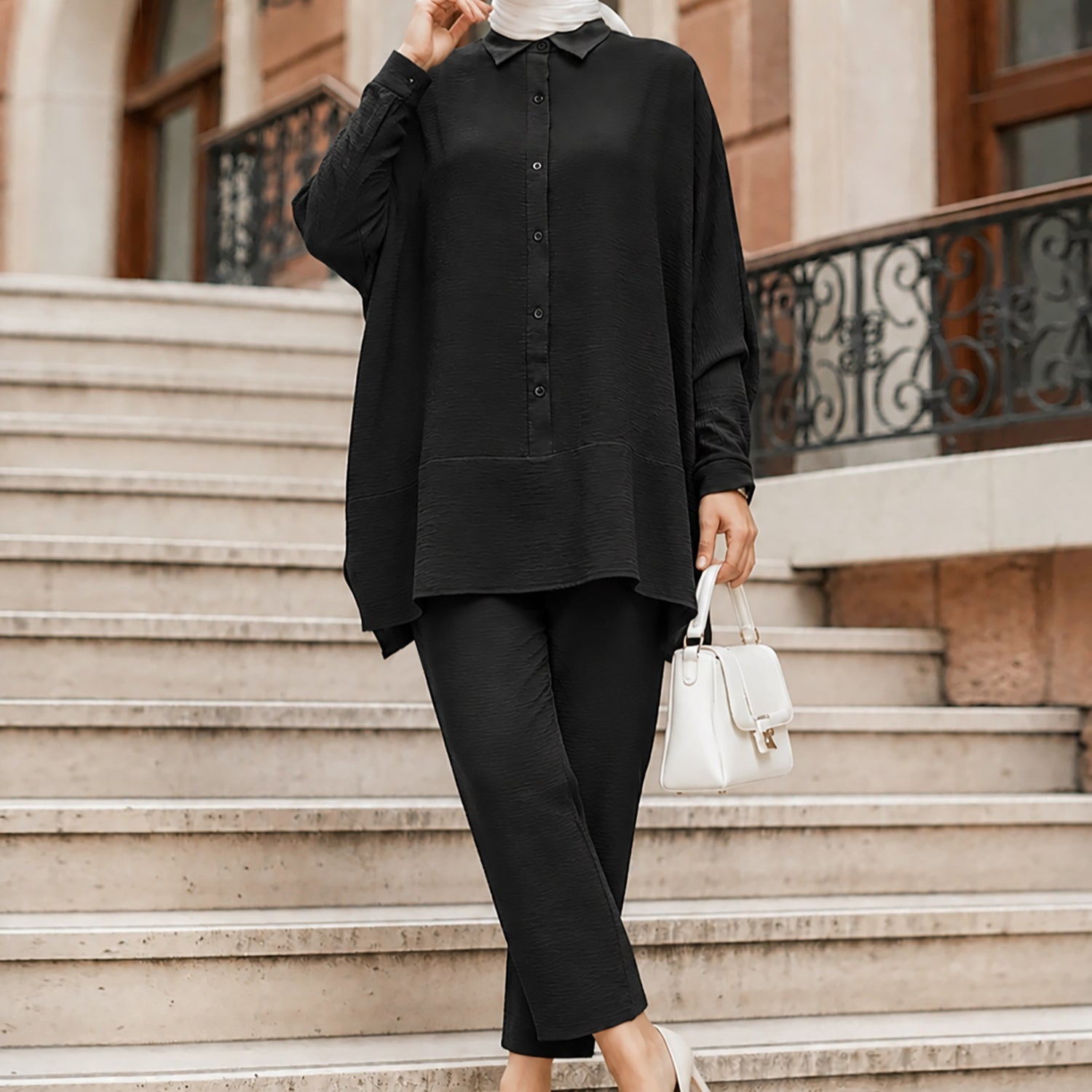 Textured Crinkle Batwing Shirt & Straight-Leg Trousers Two-Piece Co-ord Set(MS520) - Mariam's Collection