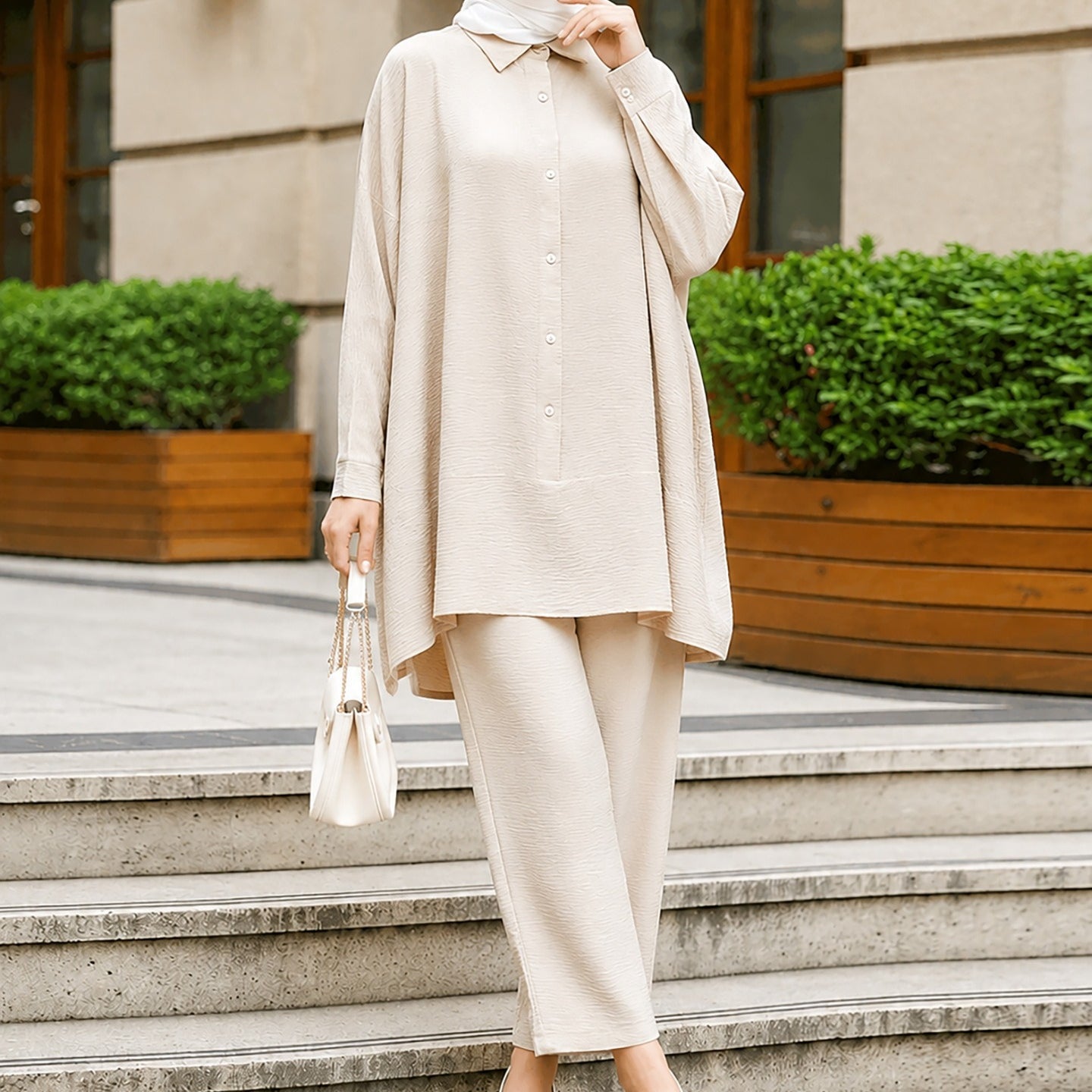 Textured Crinkle Batwing Shirt & Straight-Leg Trousers Two-Piece Co-ord Set(MS520) - Mariam's Collection