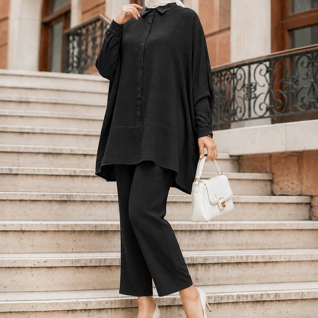 Textured Crinkle Batwing Shirt & Straight-Leg Trousers Two-Piece Co-ord Set(MS520) - Mariam's Collection