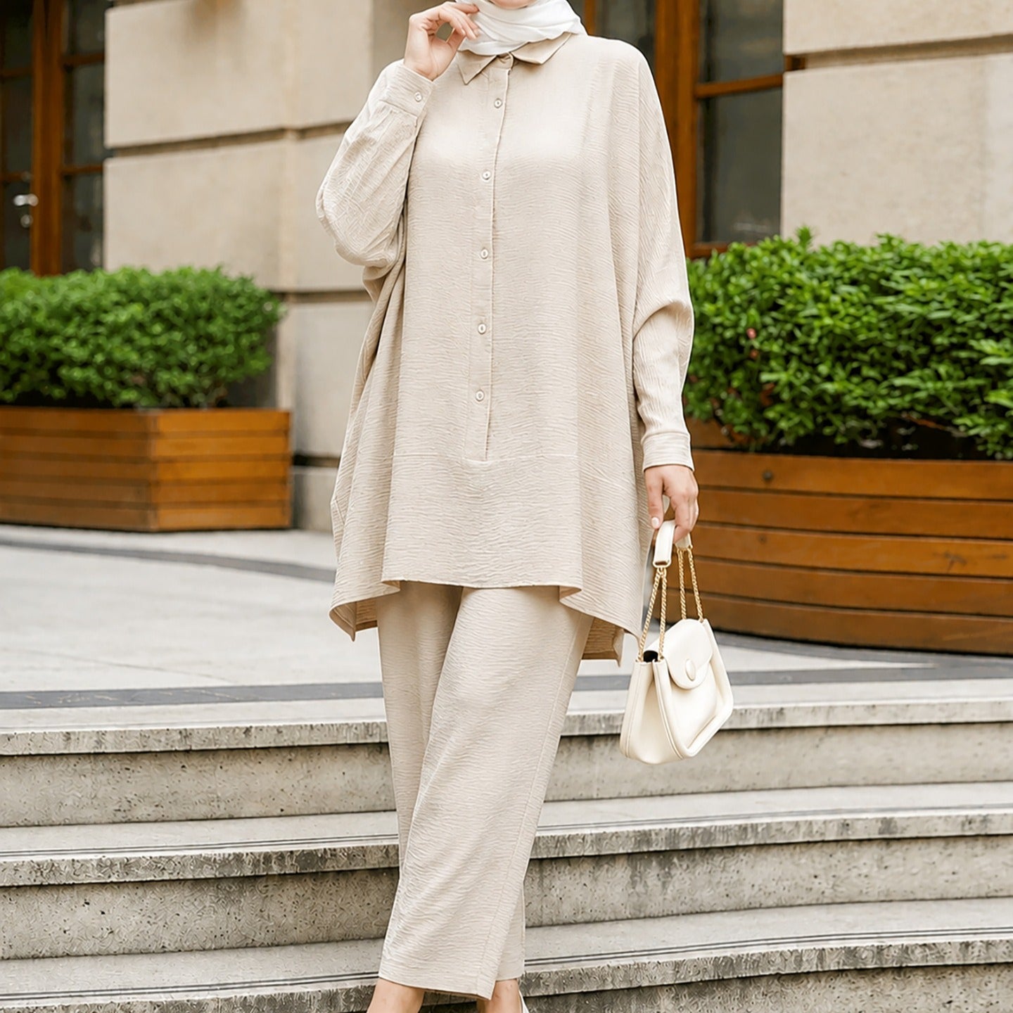 Textured Crinkle Batwing Shirt & Straight-Leg Trousers Two-Piece Co-ord Set(MS520) - Mariam's Collection
