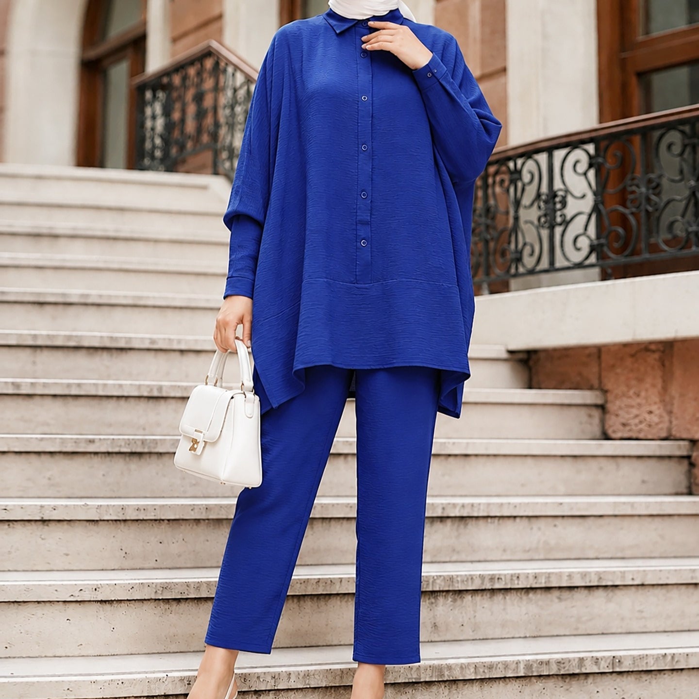 Textured Crinkle Batwing Shirt & Straight-Leg Trousers Two-Piece Co-ord Set(MS520) - Mariam's Collection