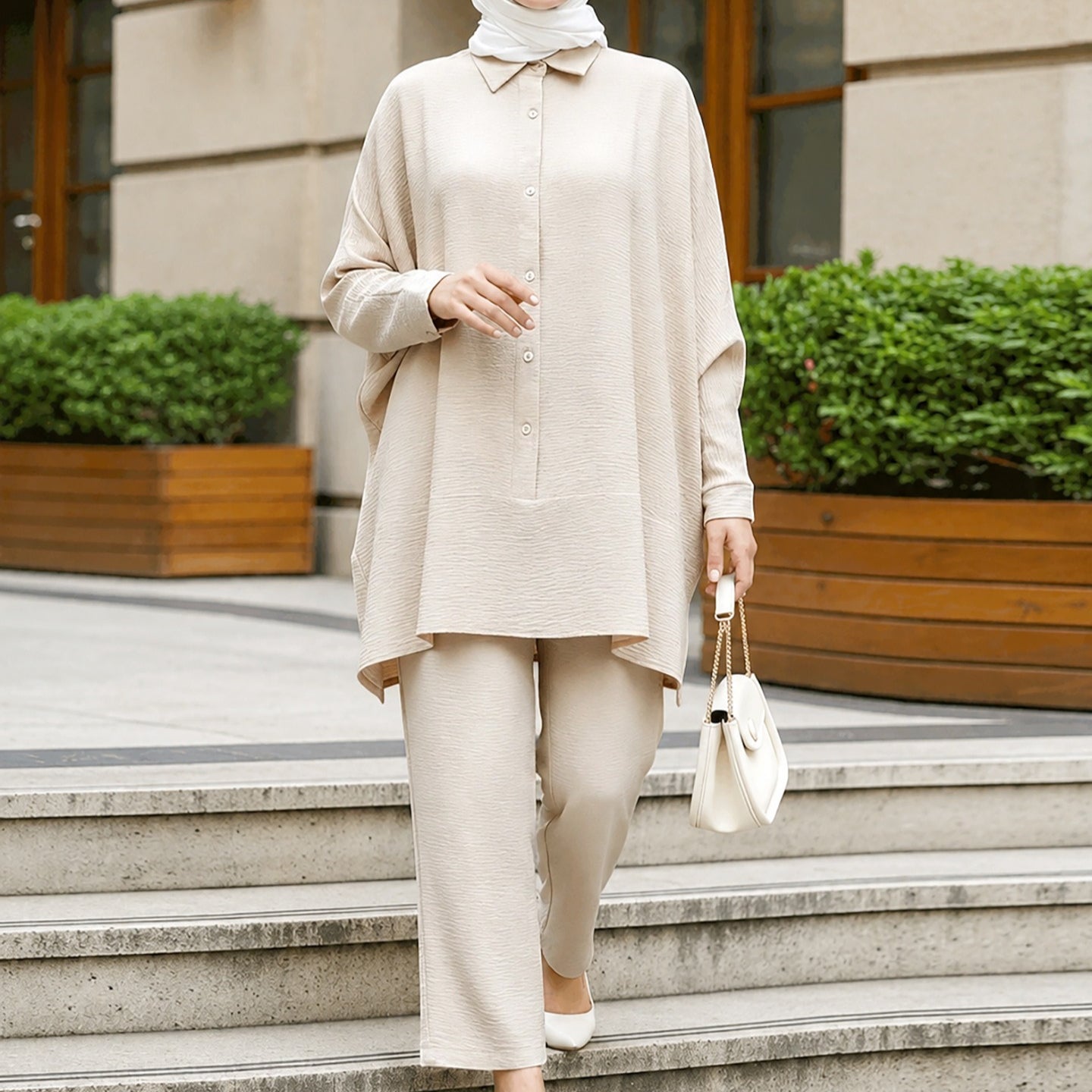 Textured Crinkle Batwing Shirt & Straight-Leg Trousers Two-Piece Co-ord Set(MS520) - Mariam's Collection
