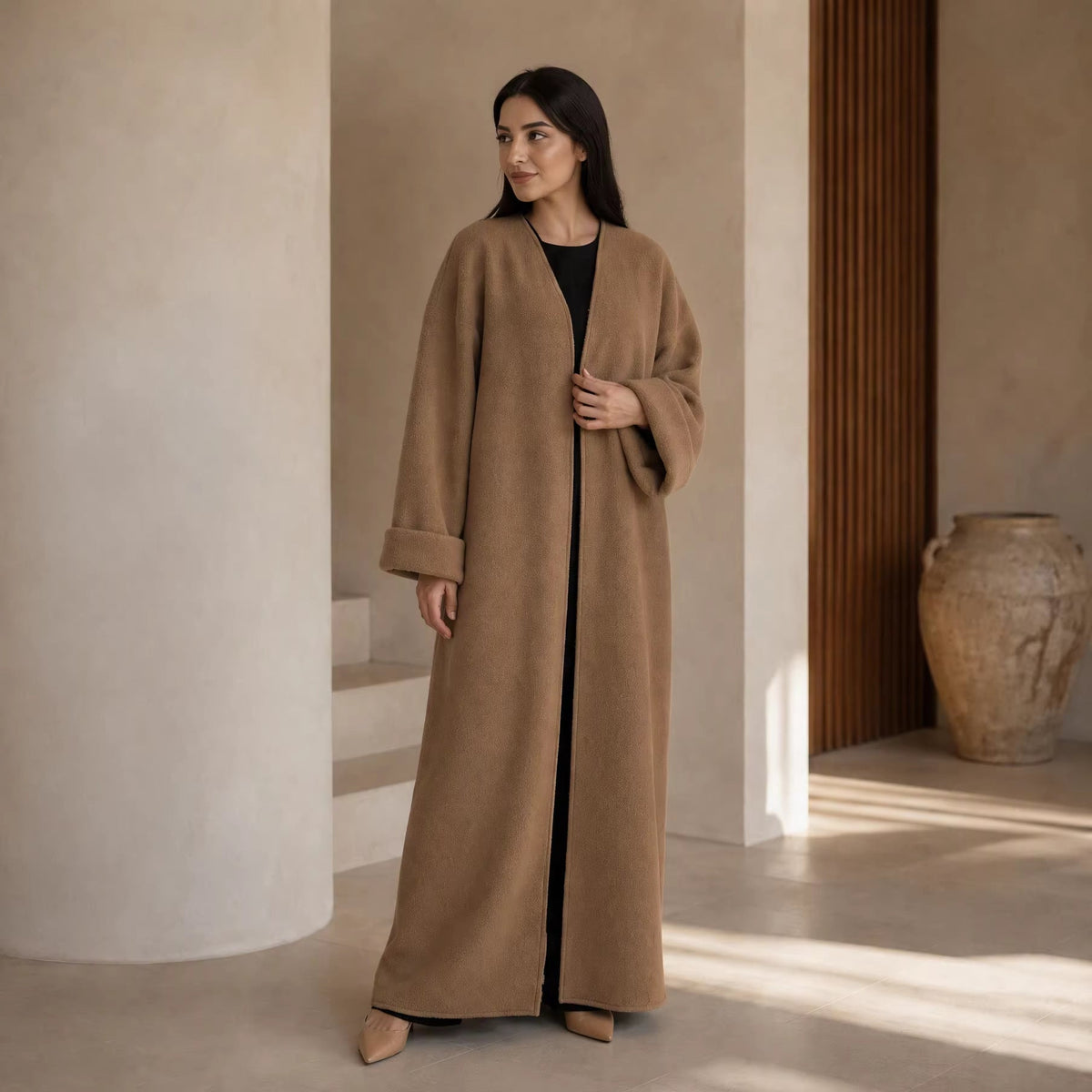 Textured Fleece Relaxed Autumn & Winter Open Abaya(MOA354) - Mariam's Collection