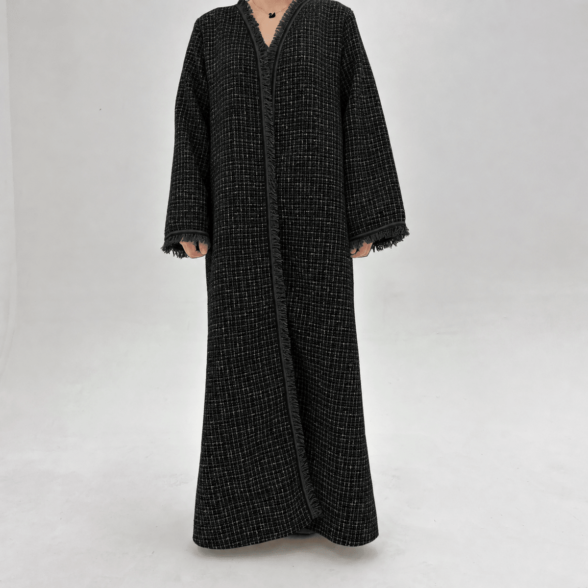 Textured Longline Open Abaya | Fringe-Trim Autumn Layer(MOA355) - Mariam's Collection