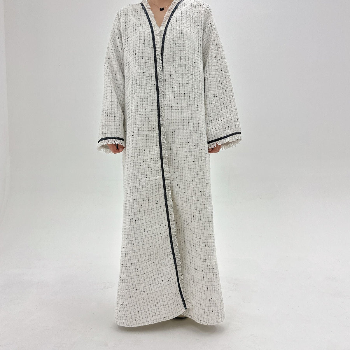 Textured Longline Open Abaya | Fringe-Trim Autumn Layer(MOA355) - Mariam's Collection