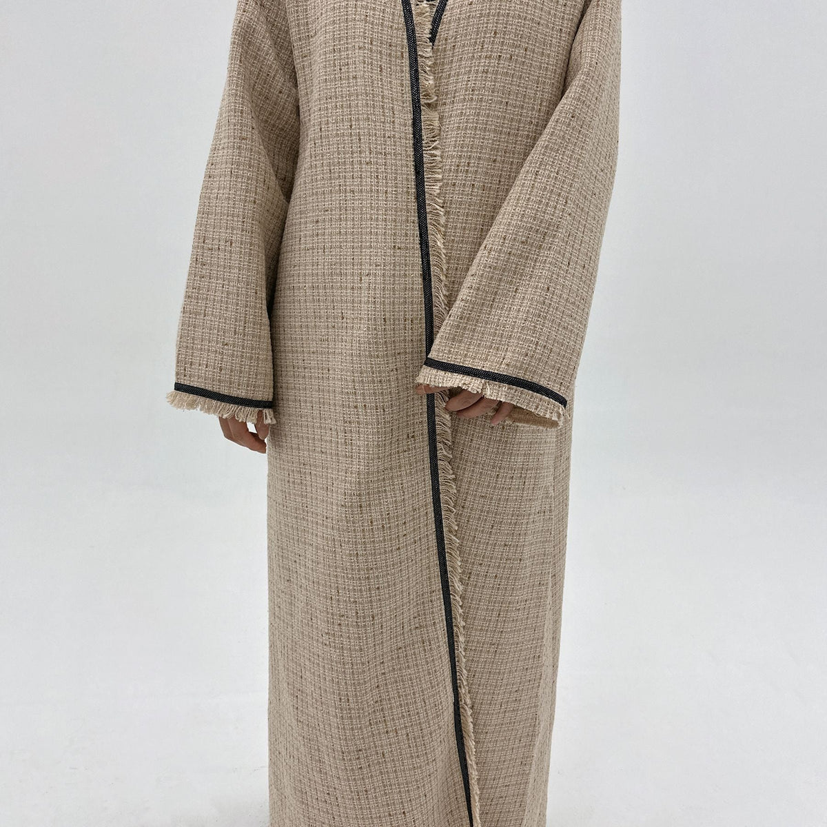 Textured Longline Open Abaya | Fringe-Trim Autumn Layer(MOA355) - Mariam's Collection