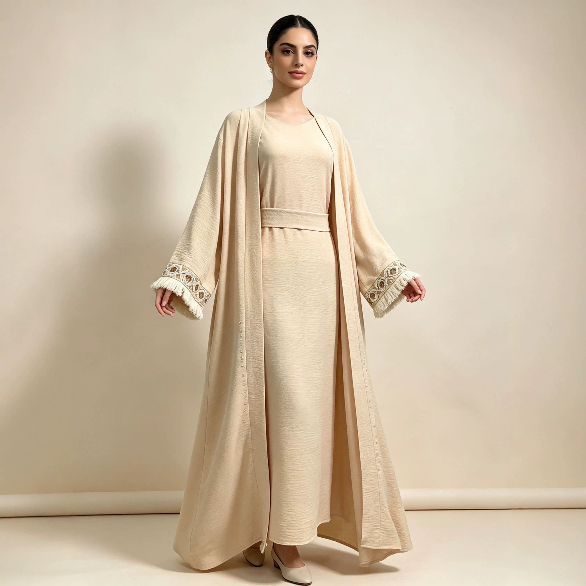 Textured Three-Piece Abaya Set(MOA346) - Mariam's Collection