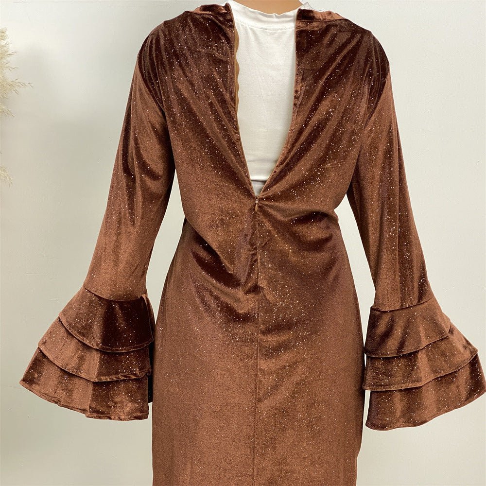 Thickened Velvet Flared Sleeve Glitter Abaya (MA111) - Mariam's Collection