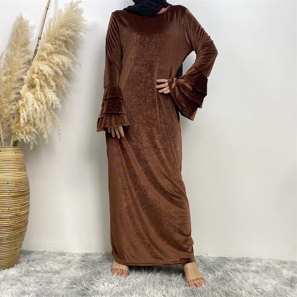 Thickened Velvet Flared Sleeve Glitter Abaya (MA111) - Mariam's Collection