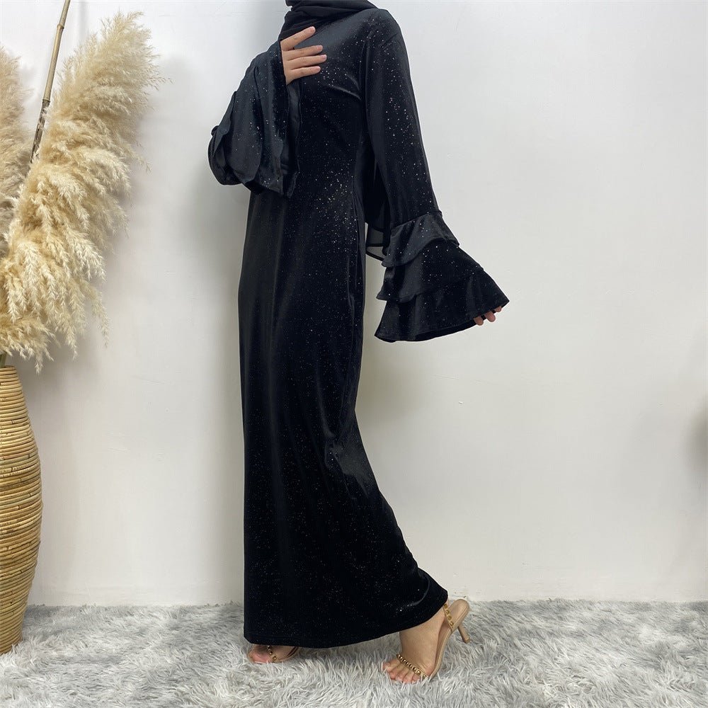 Thick Velvet Abaya With Flared Sleeves And Glitter Detailing 