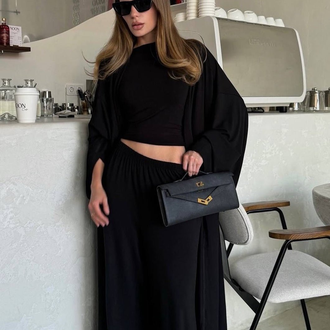 Three - Piece Cape Cardigan Set | Crop Top & Wide - Leg Pants Outfit(MS258) - Mariam's Collection