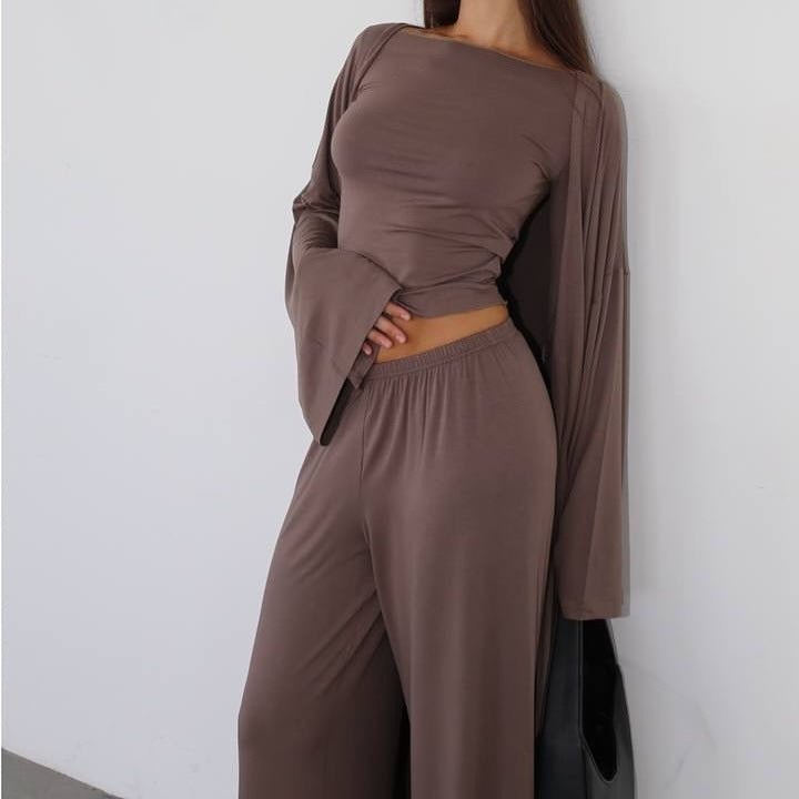 Three - Piece Cape Cardigan Set | Crop Top & Wide - Leg Pants Outfit(MS258) - Mariam's Collection