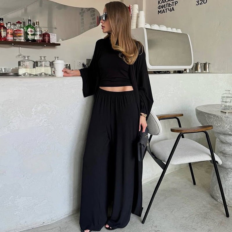 Three-Piece Cape Cardigan Set | Crop Top & Wide-Leg Pants Outfit(MS258