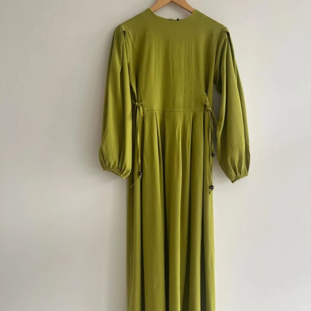 Tie - Waist Bubble Sleeve Abaya | Pleated Maxi Dress with Back Zip(MA364) - Mariam's Collection