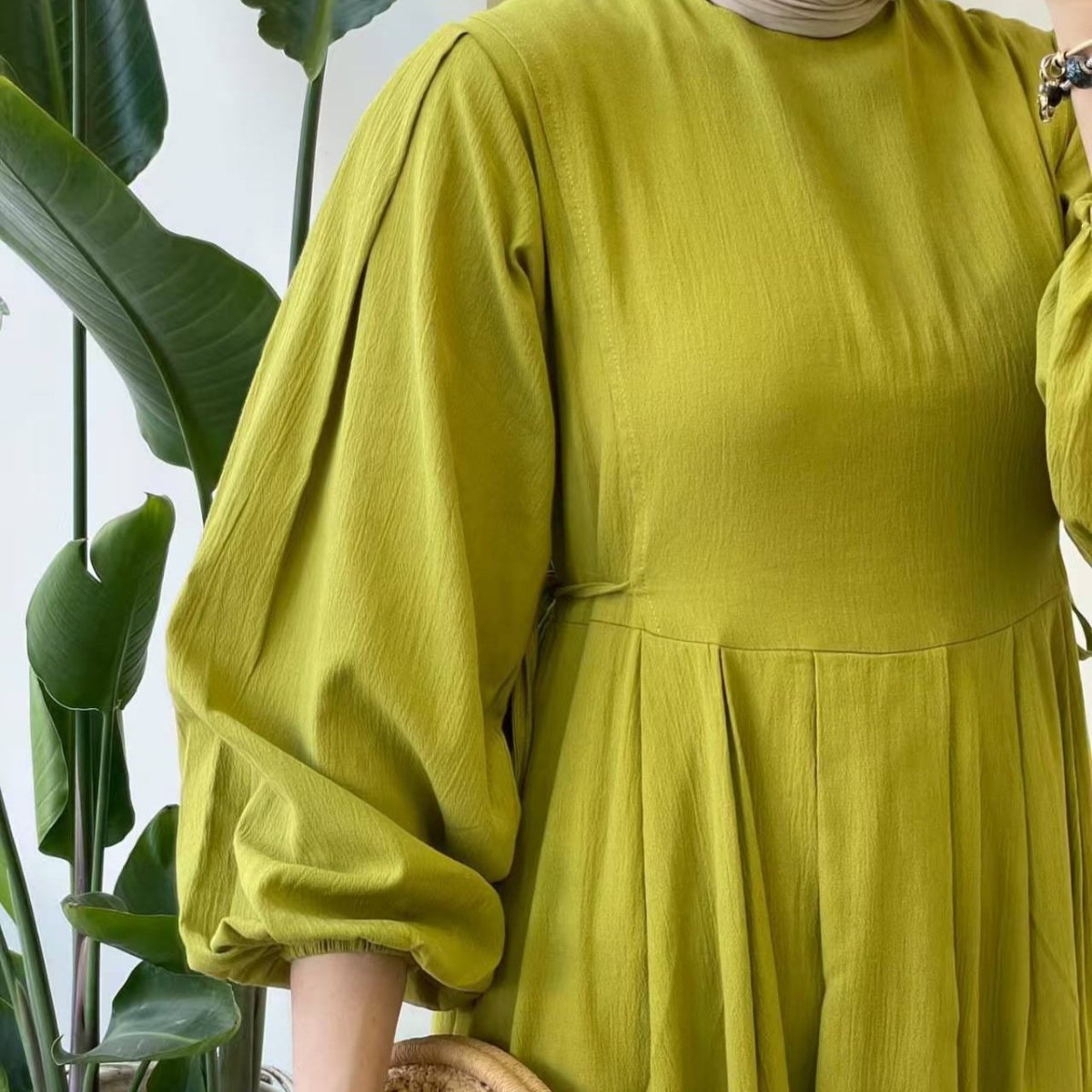 Tie - Waist Bubble Sleeve Abaya | Pleated Maxi Dress with Back Zip(MA364) - Mariam's Collection