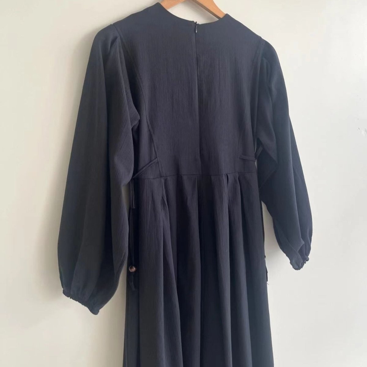 Tie - Waist Bubble Sleeve Abaya | Pleated Maxi Dress with Back Zip(MA364) - Mariam's Collection