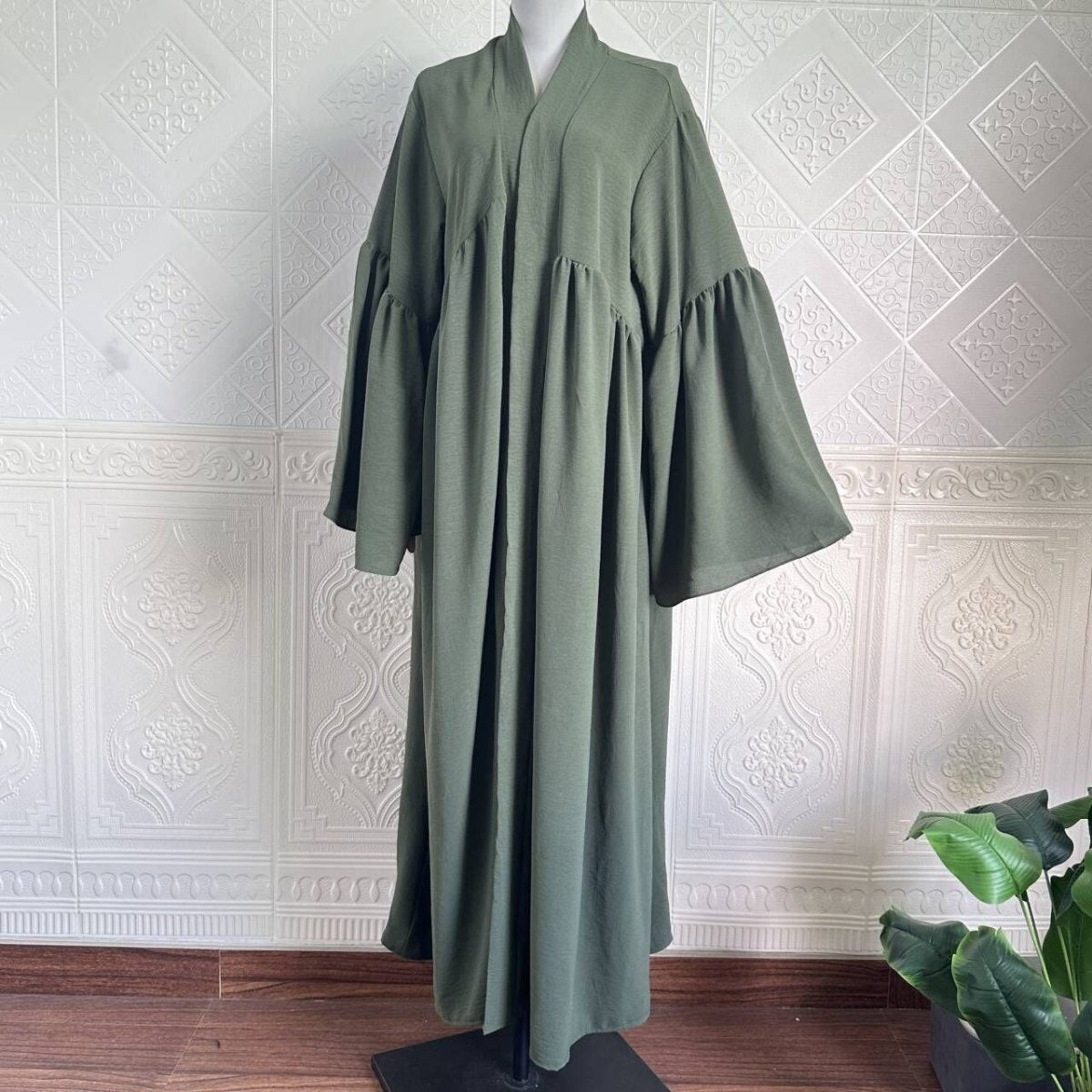 Lightweight open abaya with gathered empire seam and flowing silhouette