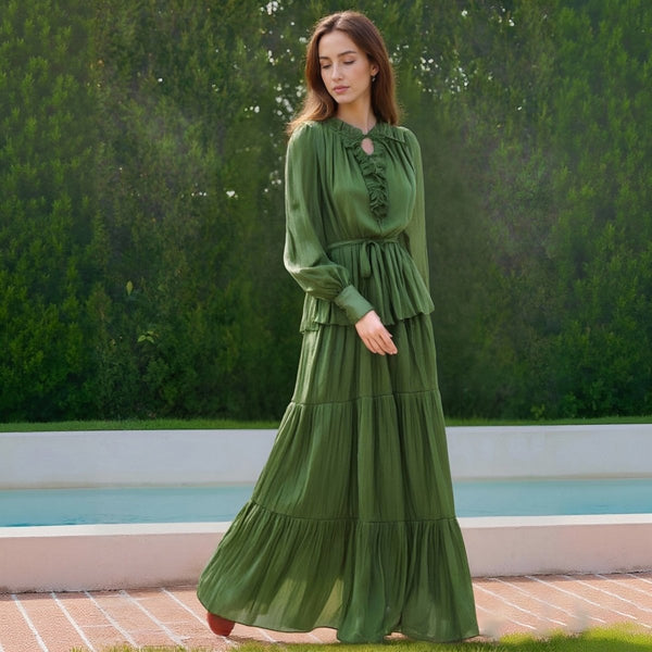 3 tier maxi dress Tiered Ruffle with Fitted Waist(MS359) Blue / XXL Material:Lace Green Oversized Drop Shoulder Colors:Navy Gold This stunning piece features