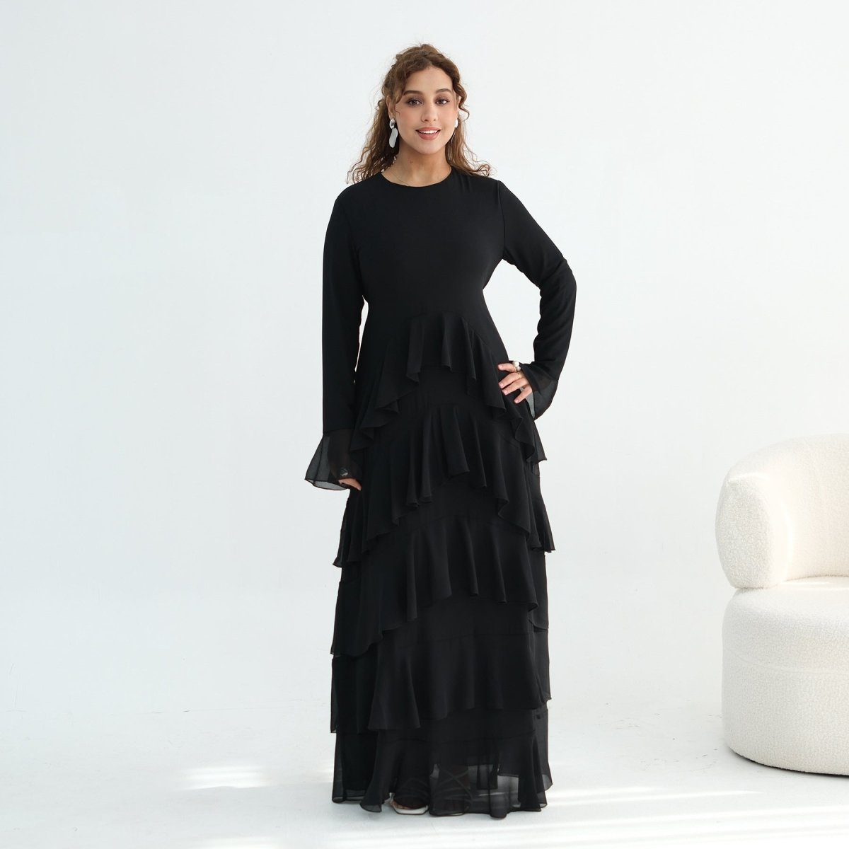 Tiered Ruffle Maxi Dress with Ruffle Cuffs(MS337) - Mariam's Collection