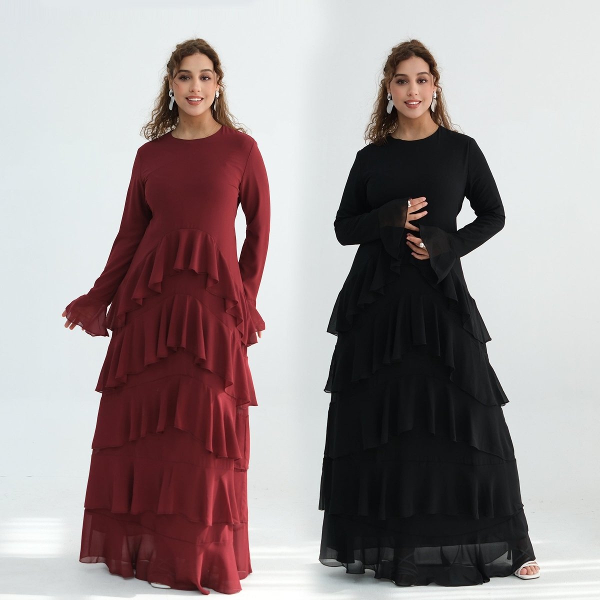 Tiered Ruffle Maxi Dress with Ruffle Cuffs(MS337) - Mariam's Collection