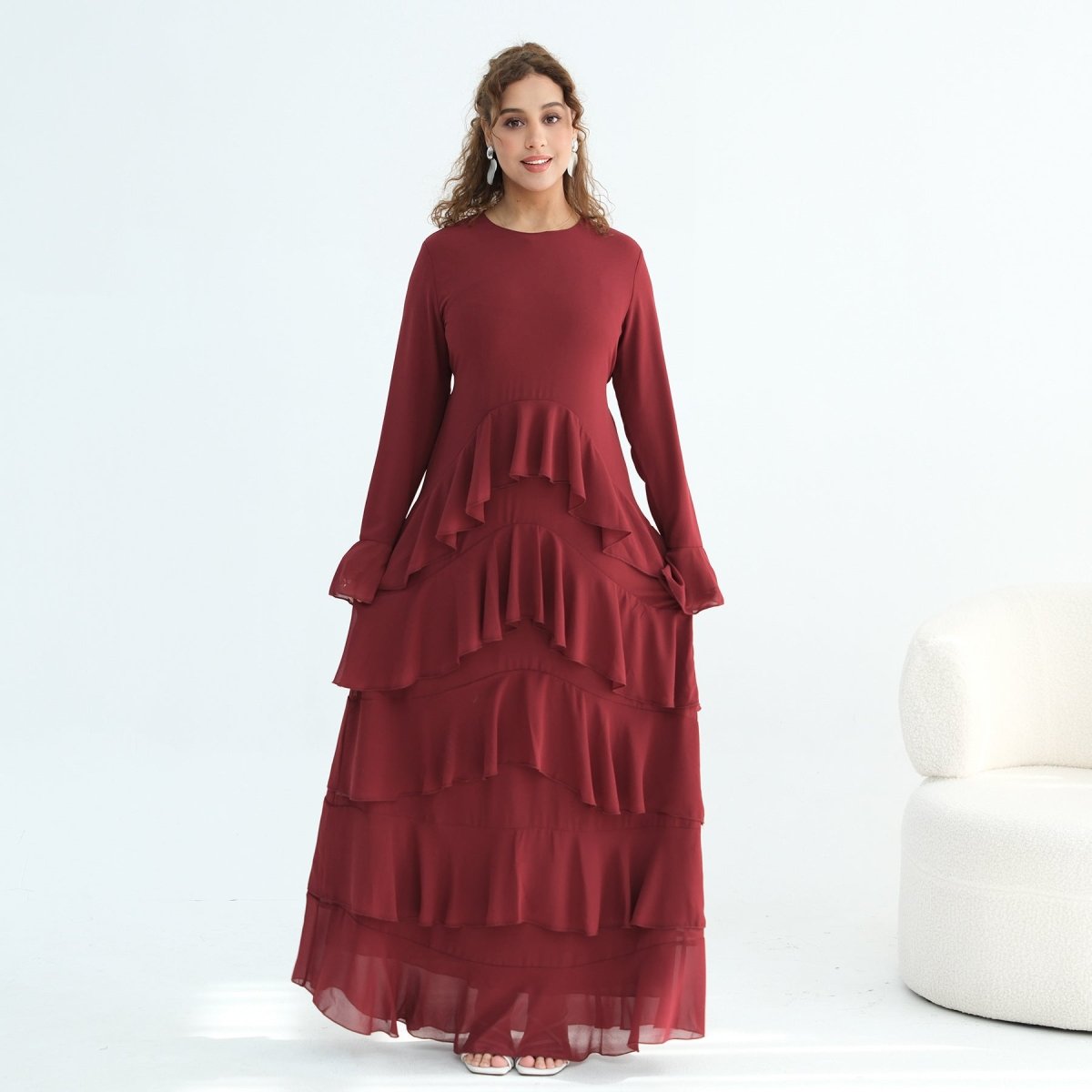 Tiered Ruffle Maxi Dress with Ruffle Cuffs(MS337) - Mariam's Collection