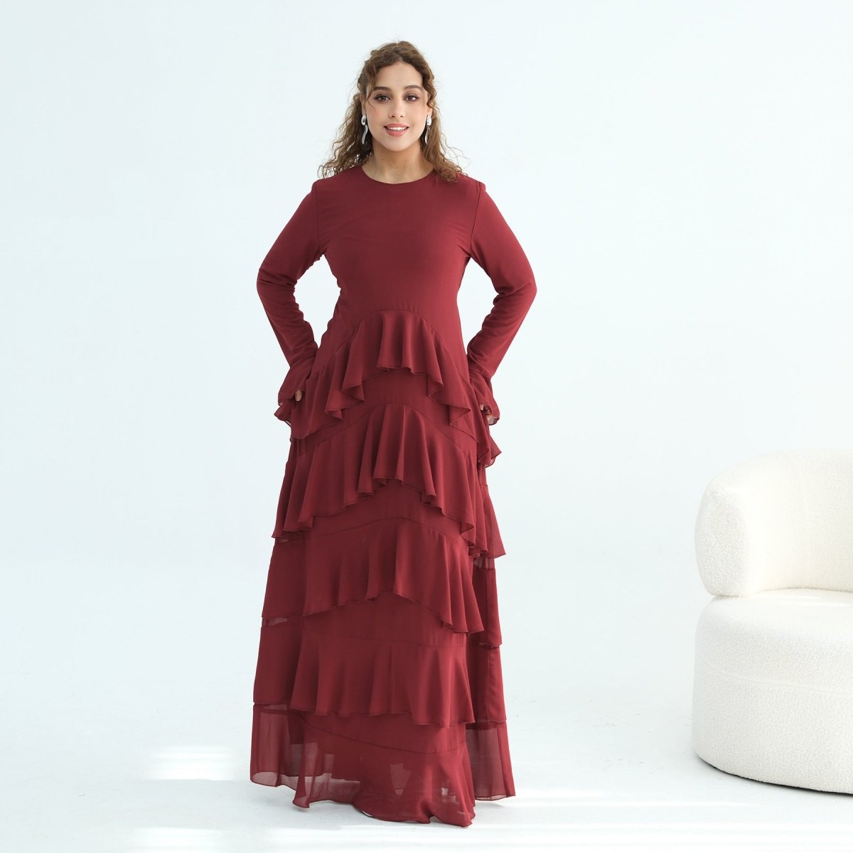 Tiered Ruffle Maxi Dress with Ruffle Cuffs(MS337) - Mariam's Collection