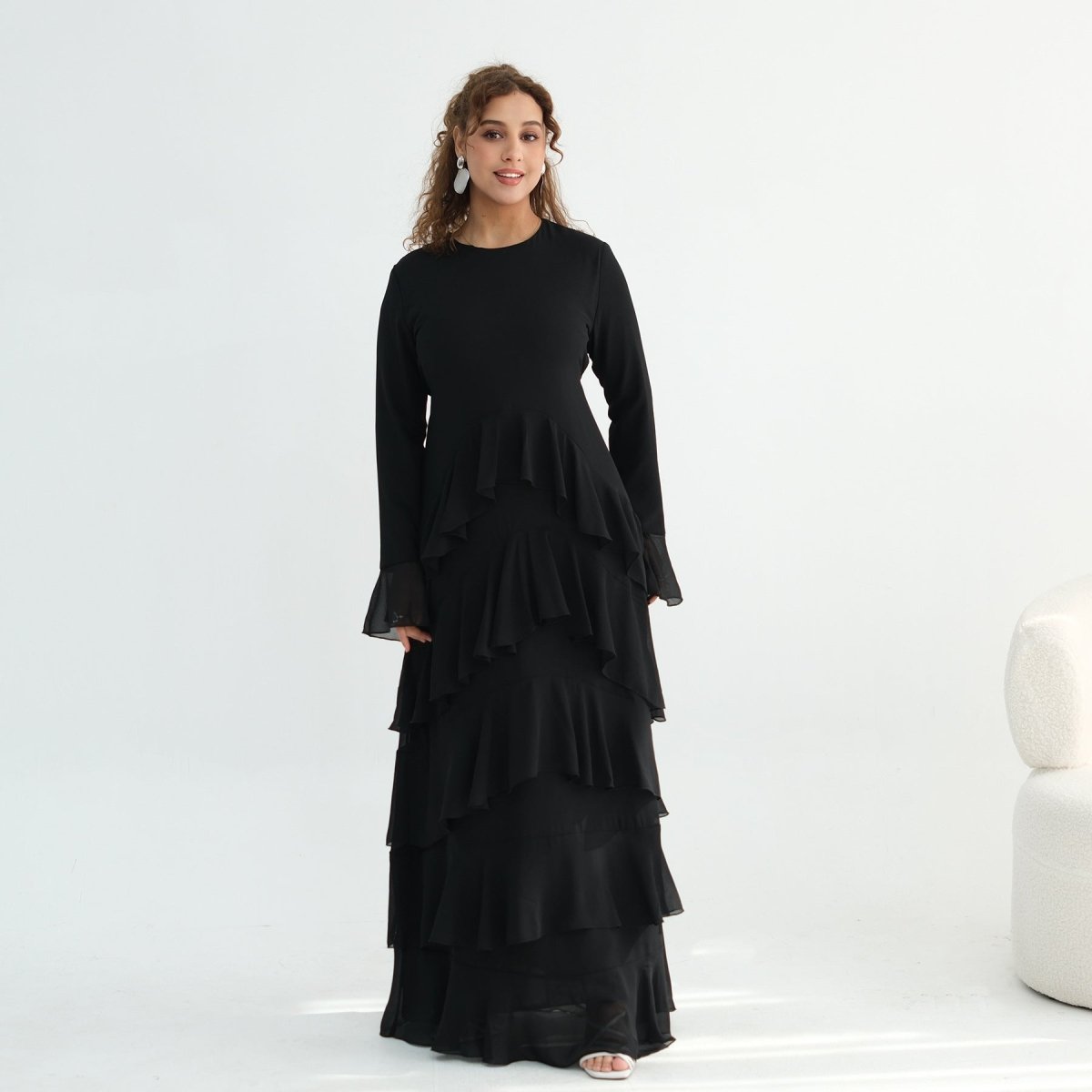 Tiered Ruffle Maxi Dress with Ruffle Cuffs(MS337) - Mariam's Collection