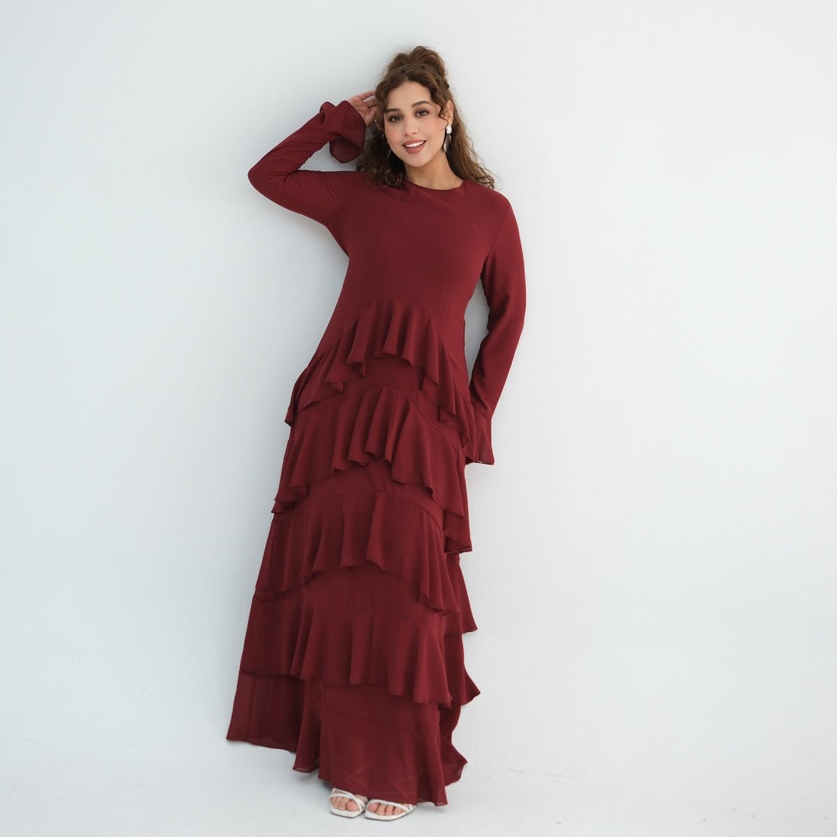 Tiered Ruffle Maxi Dress with Ruffle Cuffs(MS337) - Mariam's Collection