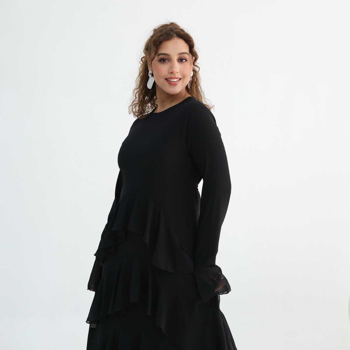 Tiered Ruffle Maxi Dress with Ruffle Cuffs(MS337) - Mariam's Collection